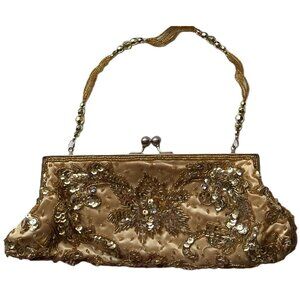 Vintage Gold Satin  beaded Clutch Purse /Handbag/ Evening Bag